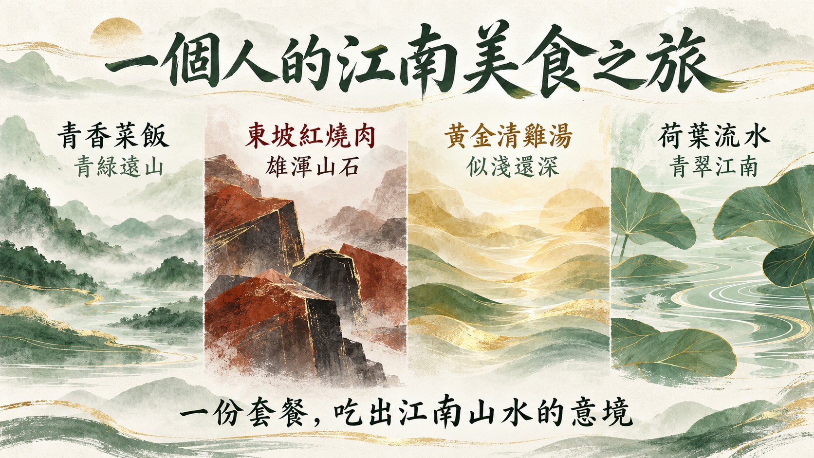 總結卡:一個人的江南美食之旅,青香菜飯如青綠遠山、東坡紅燒肉如雄渾山石、黃金清雞湯似淺還深、荷葉流水呼應青翠江南