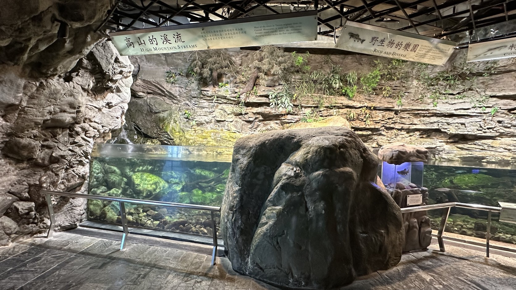 臺灣水域館入口的岩洞與溪流展示