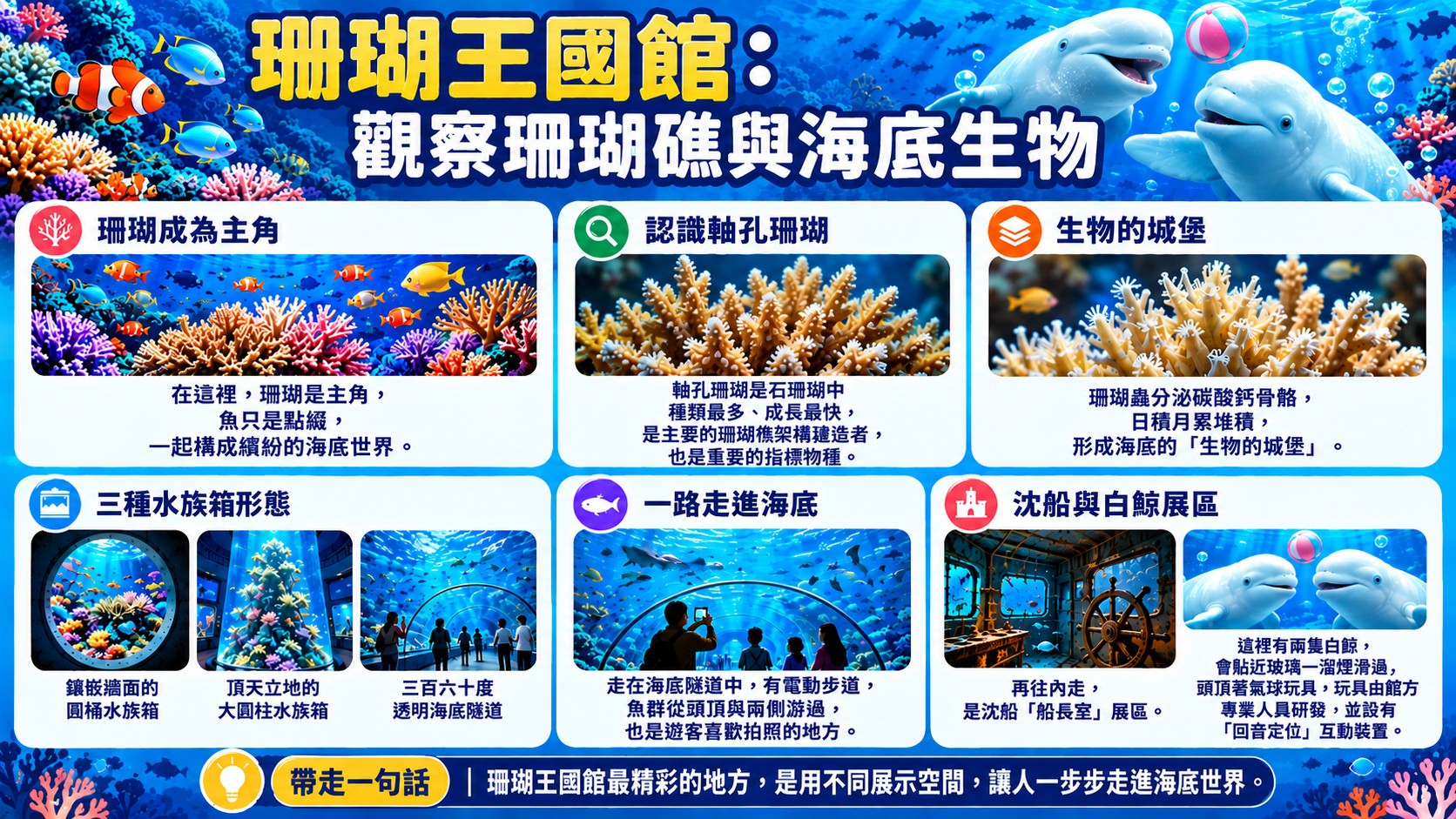 體驗整理卡：珊瑚王國館以珊瑚為主角，整理軸孔珊瑚、生物的城堡、三種水族箱形態、海底隧道、沈船與白鯨展區