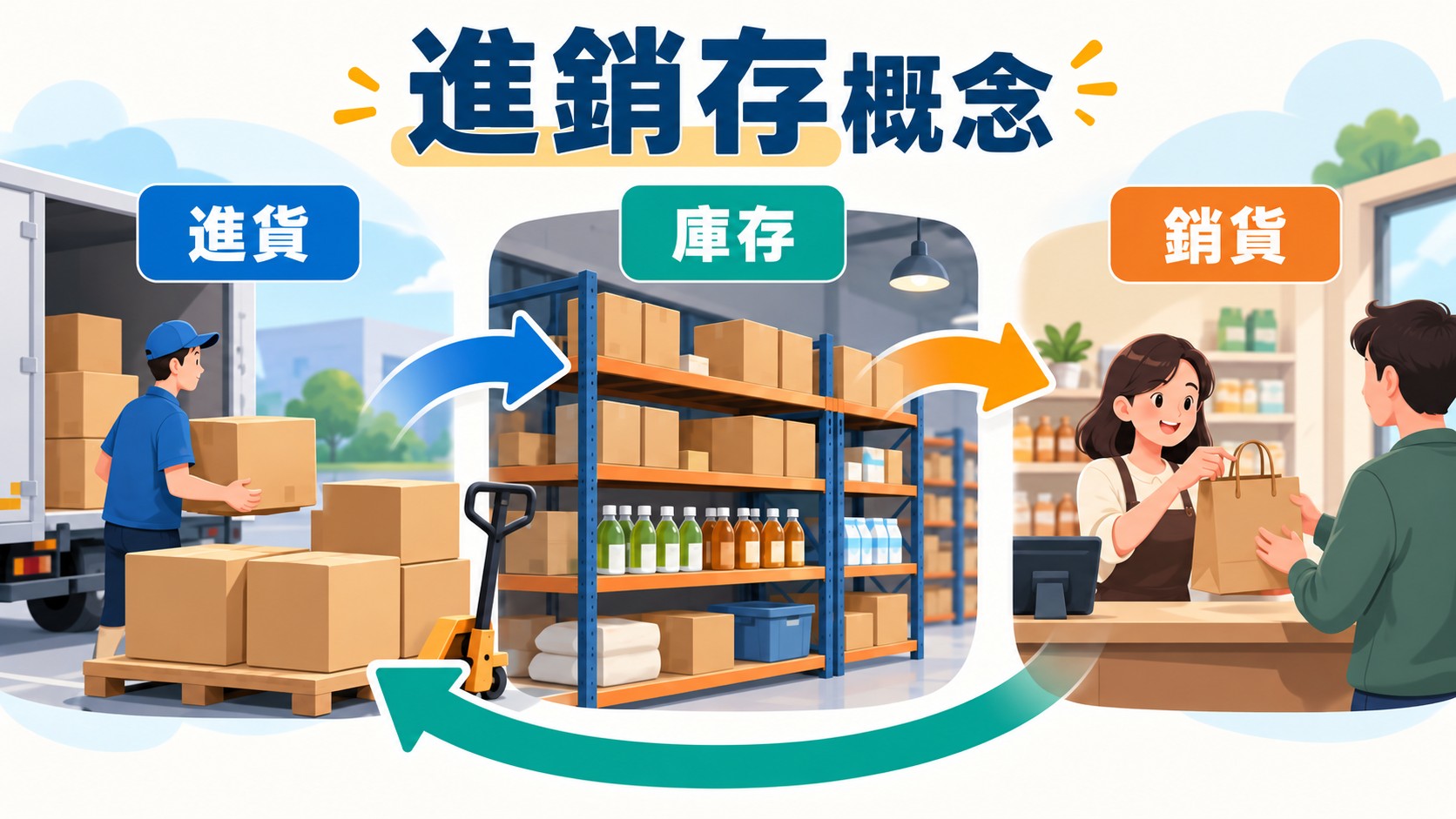 進銷存概念特色圖：進貨、庫存、銷貨三個環節以箭頭循環相連，標題為「進銷存概念」