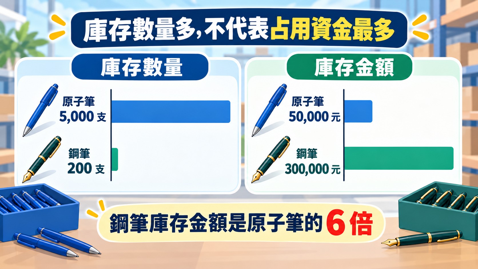比較卡：庫存數量與庫存金額，原子筆5,000支、50,000元，鋼筆200支、300,000元的模擬資料，鋼筆庫存金額是原子筆的6倍