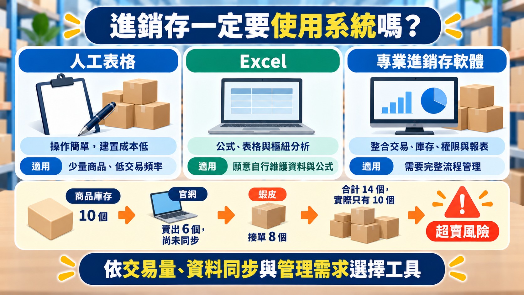 比較卡：人工表格、Excel 與專業進銷存軟體三種工具的特色與適用情境，並以多通路庫存未同步的超賣風險說明如何選擇