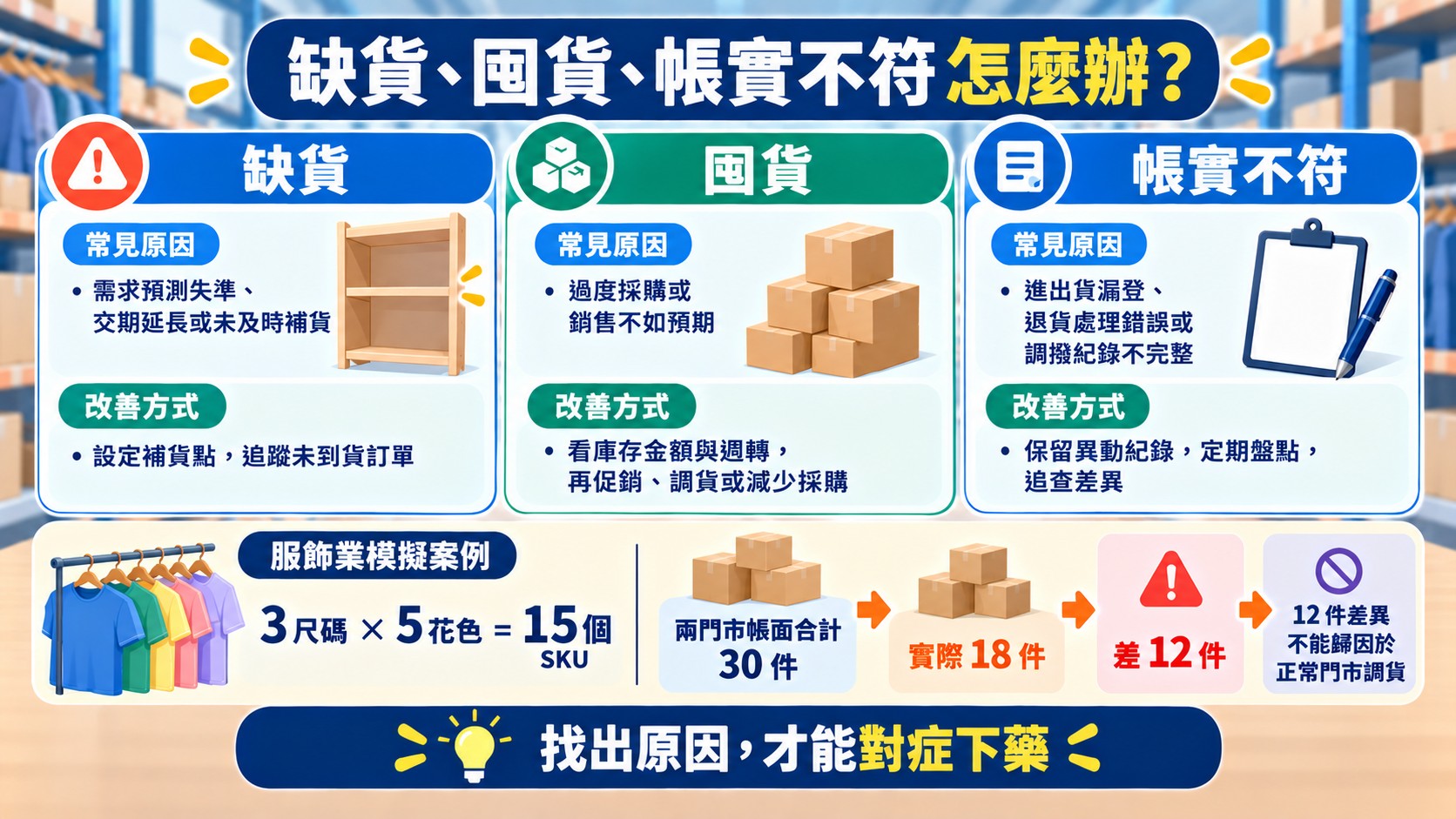 判斷卡：缺貨、囤貨、帳實不符三種常見問題的原因與改善方式，並以服飾業模擬案例說明帳面30件與實際18件的差異