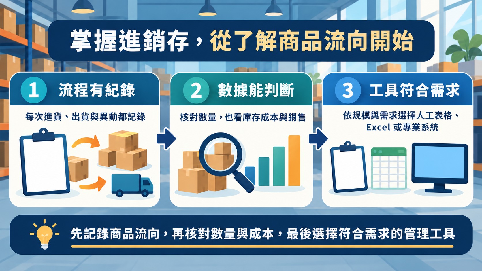 總結卡:掌握進銷存的三個觀念,流程有紀錄、數據能判斷、工具符合需求