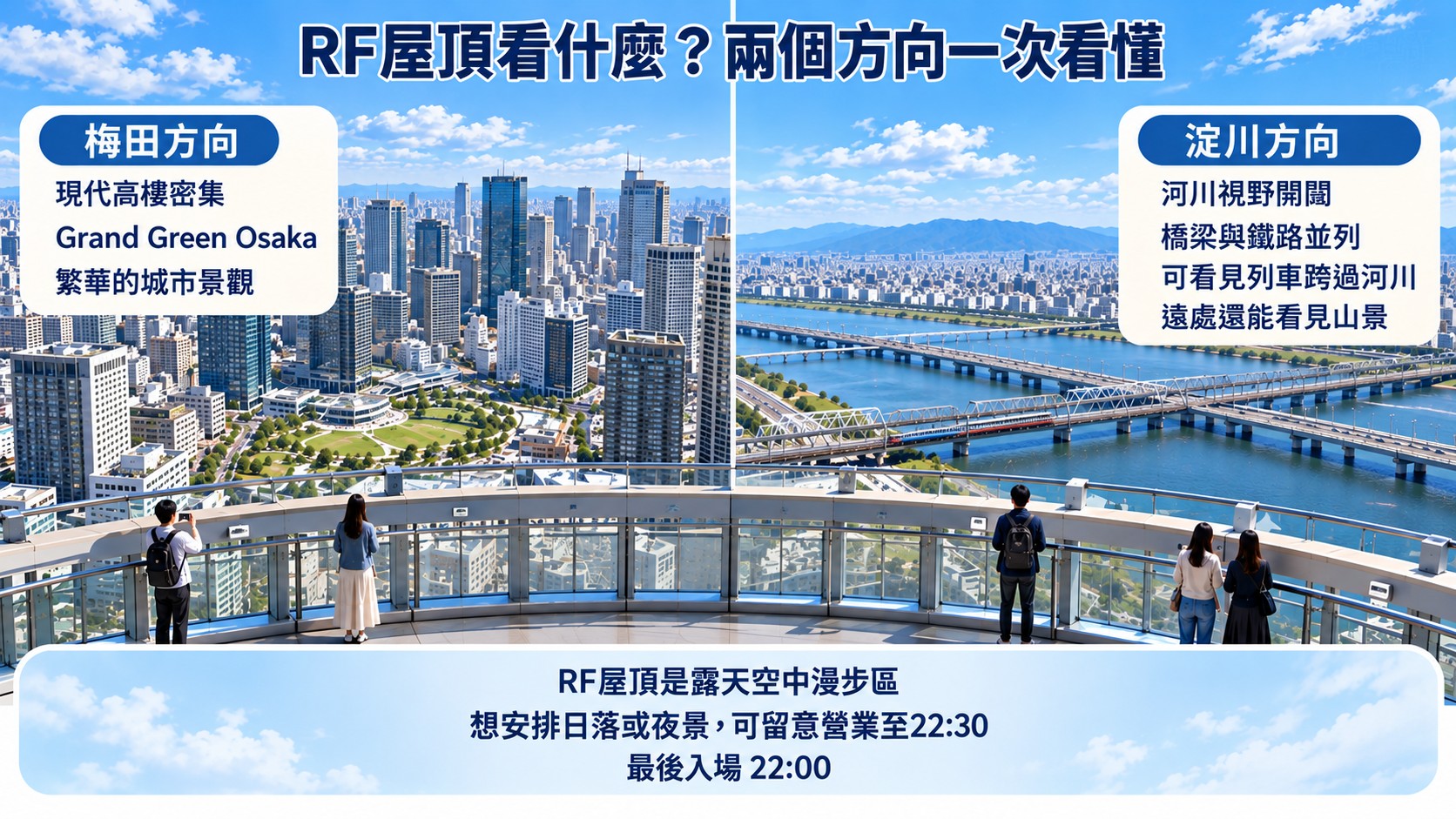 景觀比較卡：RF 屋頂看什麼，梅田方向是密集的現代高樓與 Grand Green Osaka，淀川方向是河川、並列的橋梁與鐵路、列車與遠山