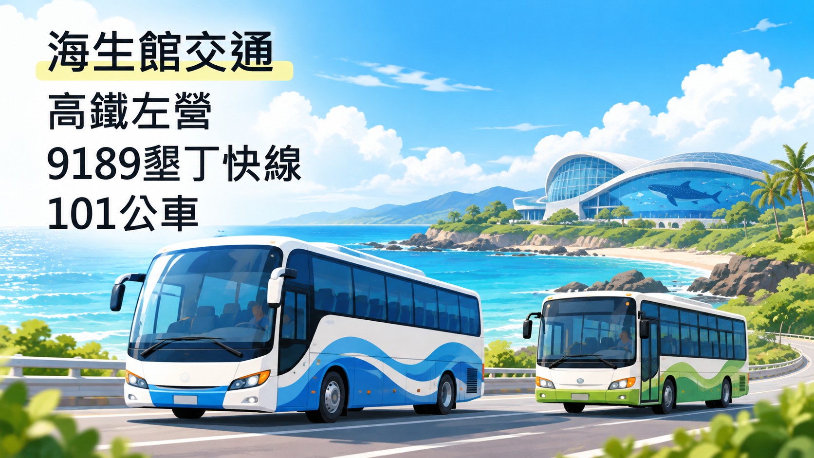 海生館交通特色圖：從高鐵左營搭9189墾丁快線，再轉101公車前往屏東海生館的主視覺，標題為「海生館交通」