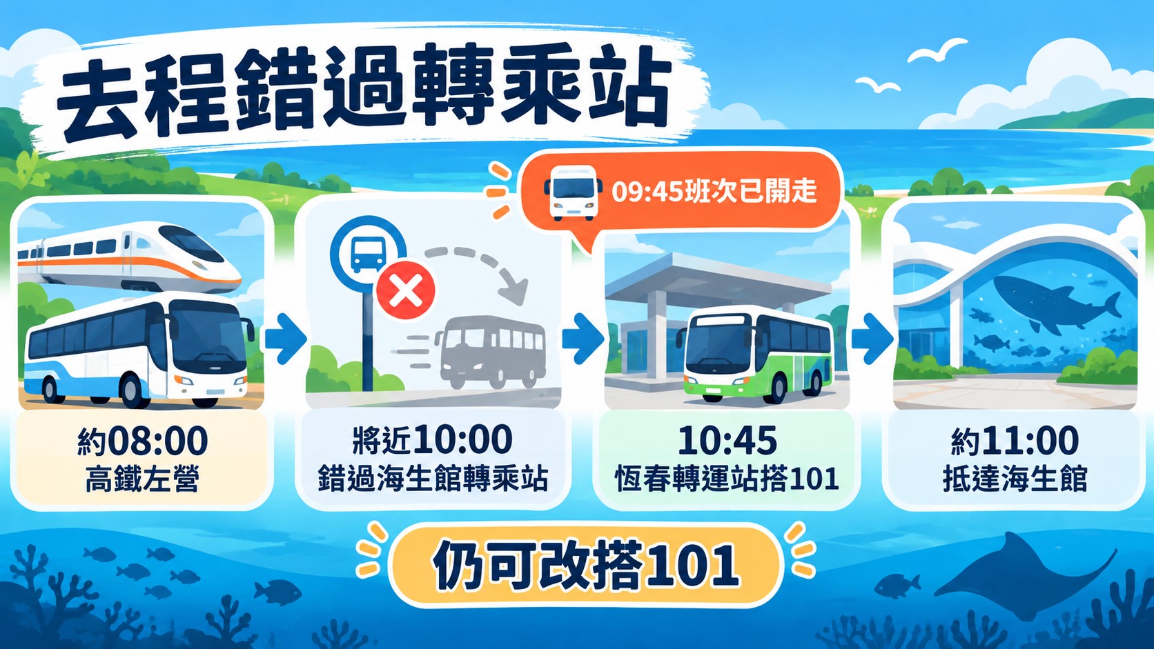 體驗整理卡：去程錯過海生館轉乘站，在恆春轉運站改搭10:45的101，約11:00抵達海生館