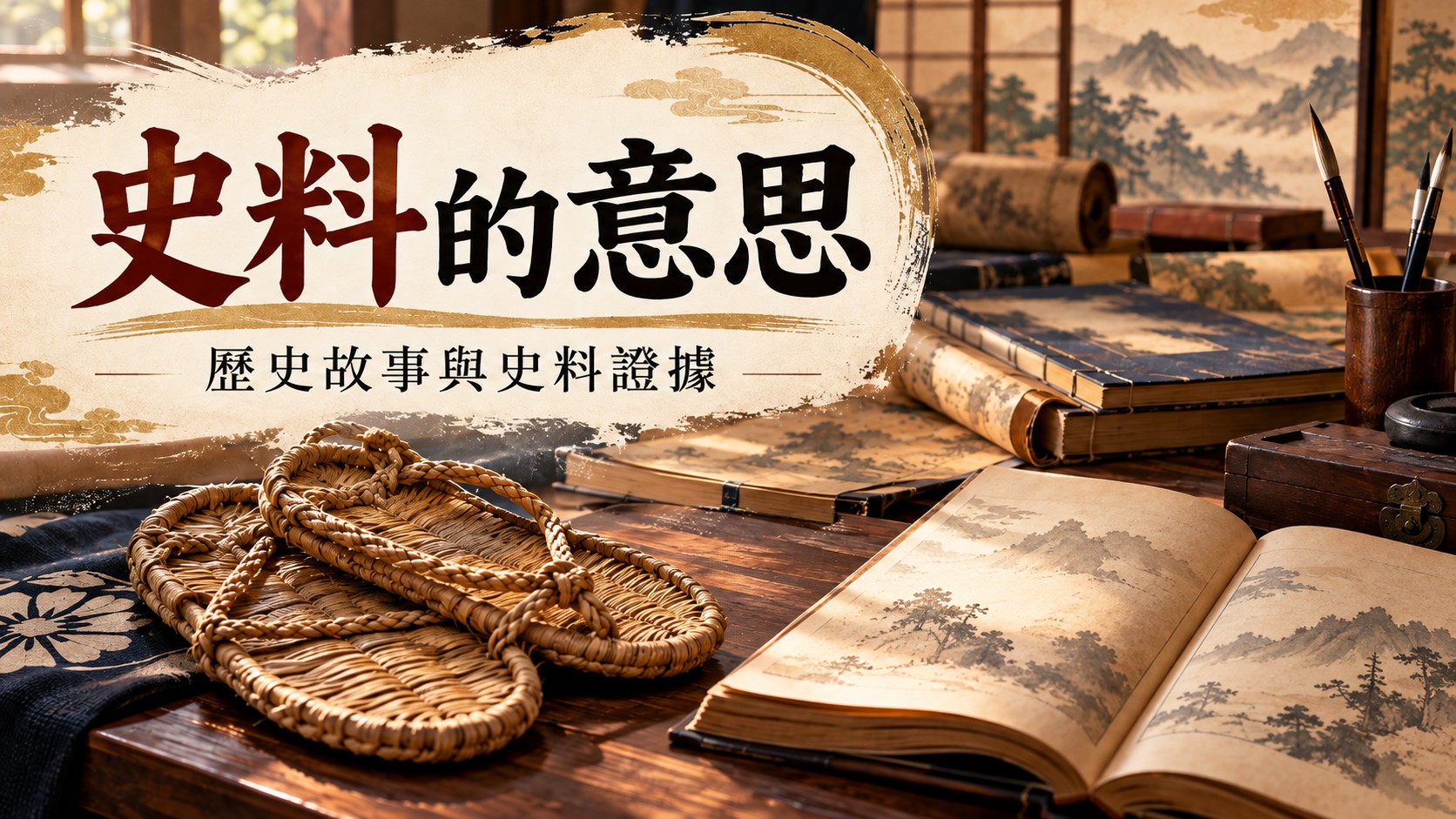 史料的意思特色圖：草鞋、古籍與卷軸並列在書桌上，標題為「史料的意思」，副標題為「歷史故事與史料證據」