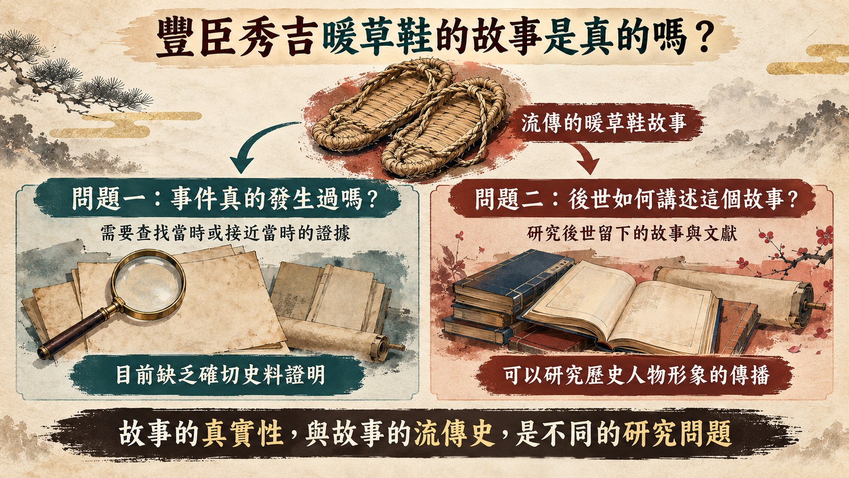判斷卡：豐臣秀吉暖草鞋的故事是真的嗎，把流傳的故事分成「事件真的發生過嗎」與「後世如何講述這個故事」兩個研究問題