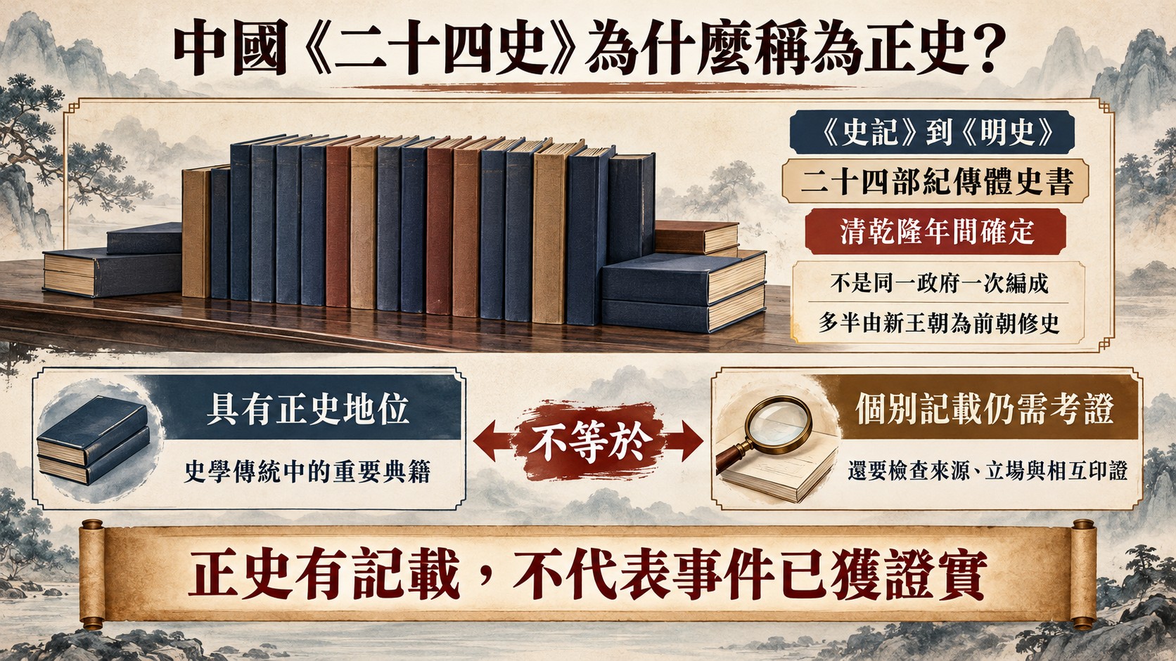 知識卡：中國《二十四史》從《史記》到《明史》，清乾隆年間確定，具有正史地位不等於個別記載已獲證實