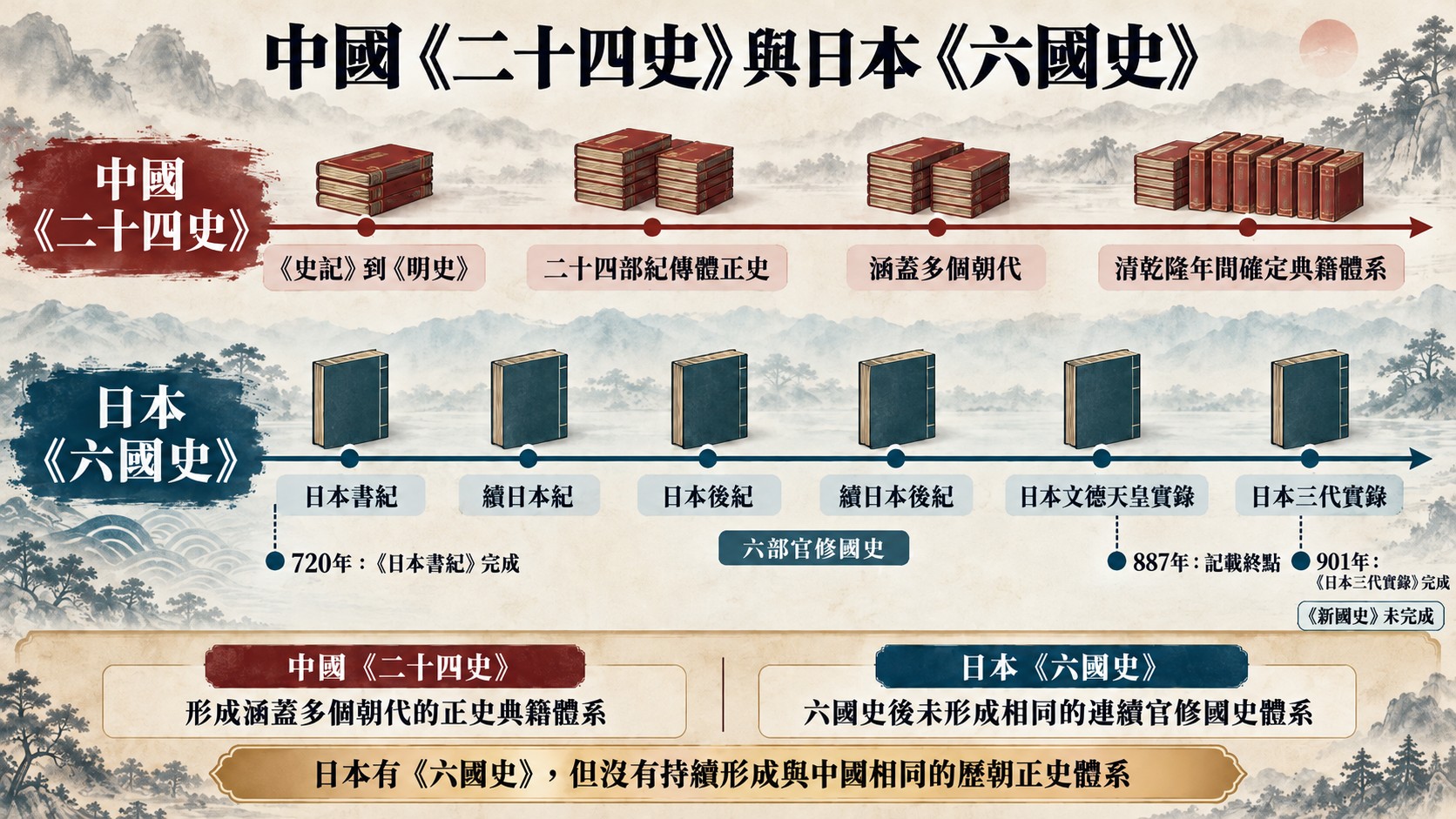 比較卡：中國《二十四史》與日本《六國史》的雙軌時間線，列出六部書名與720年、887年、901年三個年份