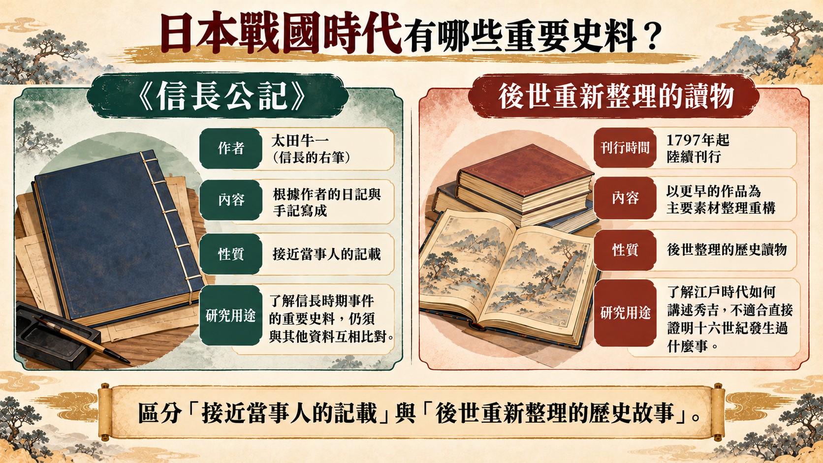比較卡：《信長公記》與後世重新整理的讀物，比較作者、內容、性質與研究用途