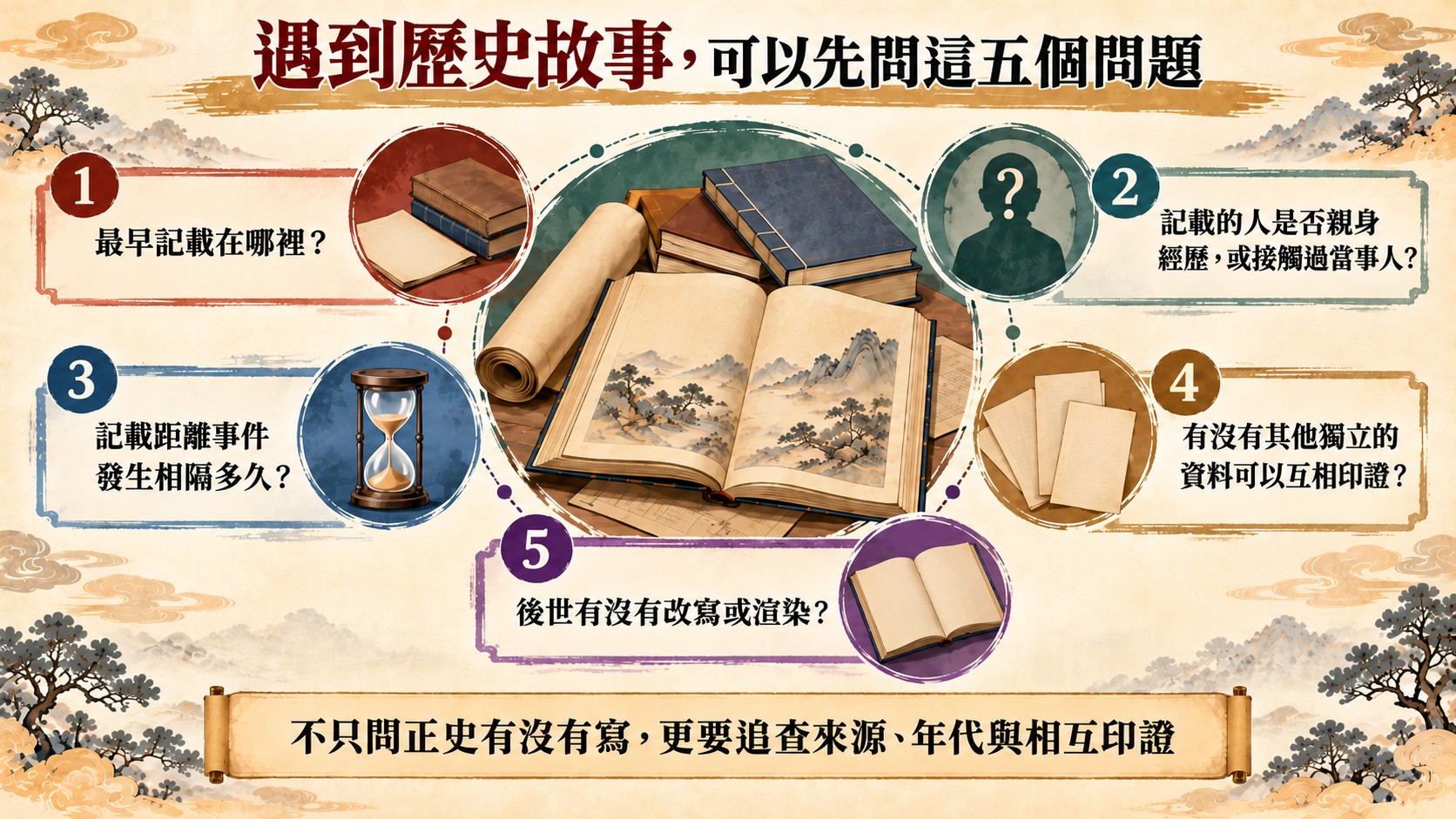 總結卡:遇到歷史故事可以先問的五個問題,包括最早記載、記載者、時間距離、獨立印證與後世改寫