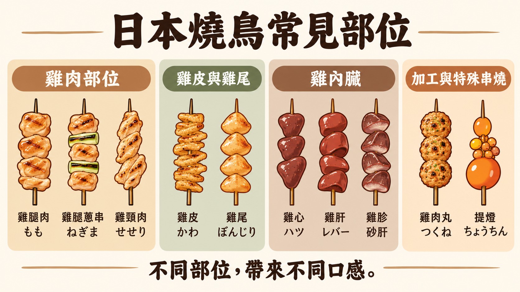 部位知識卡：日本燒鳥常見的十種部位，包含雞腿肉もも、雞腿蔥串ねぎま、雞頸肉せせり、雞皮かわ、雞尾ぼんじり、雞心ハツ、雞肝レバー、雞胗砂肝、雞肉丸つくね與提燈ちょうちん（AI 生成的整理圖）