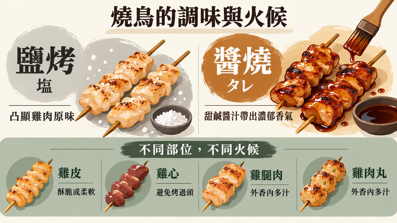 比較卡：鹽烤（塩）與醬燒（タレ）的差異，以及雞皮、雞心、雞腿肉與雞肉丸各自的火候重點（AI 生成的整理圖）