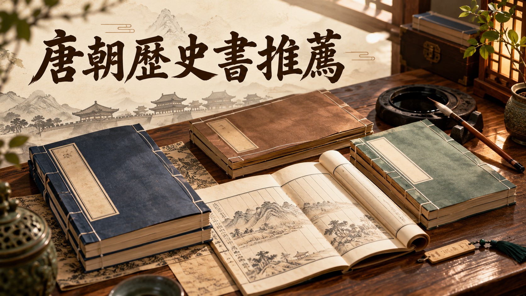 唐朝歷史書推薦特色圖：古籍書桌上並排四部線裝書與一本攤開的書，標題為「唐朝歷史書推薦」