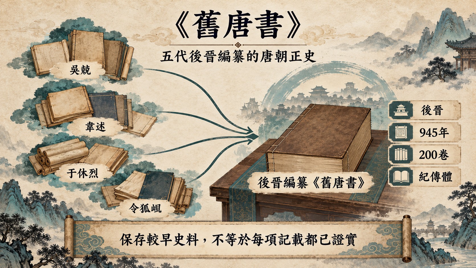 知識卡：《舊唐書》五代後晉編纂的唐朝正史，吳兢、韋述、于休烈、令狐峘等唐代史官的史稿匯入後晉修史，標示後晉、945年、200卷、紀傳體，結論是保存較早史料不等於每項記載都已證實