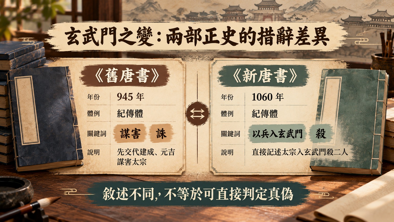 比較卡：玄武門之變兩部正史的措辭差異，《舊唐書》945年用「謀害」「誅」，《新唐書》1060年用「以兵入玄武門」「殺」，結論是敘述不同不等於可直接判定真偽
