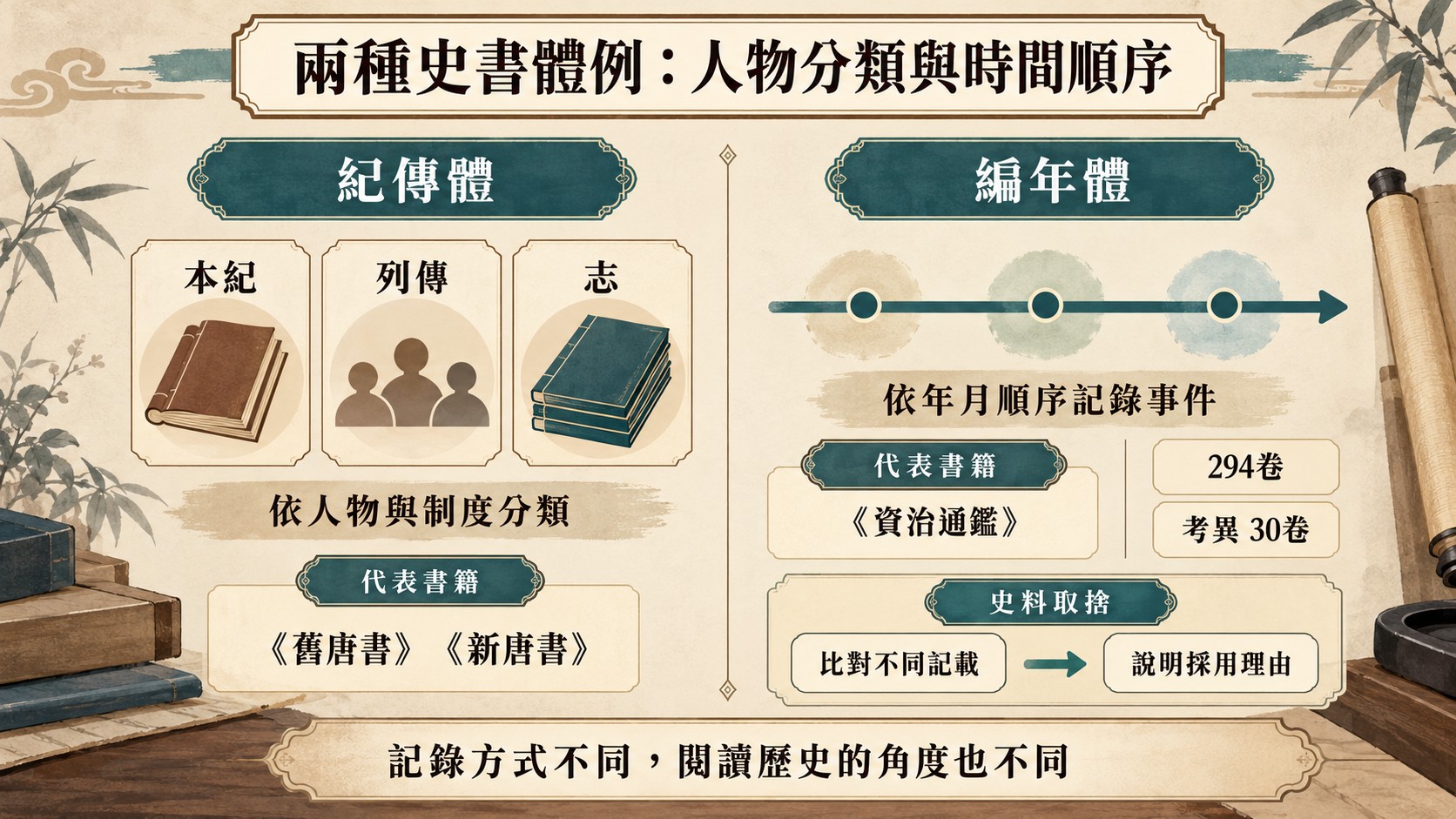 比較卡：兩種史書體例，紀傳體依本紀、列傳、志分類（《舊唐書》《新唐書》），編年體依年月順序記事（《資治通鑑》294卷、《考異》30卷），並說明史料取捨