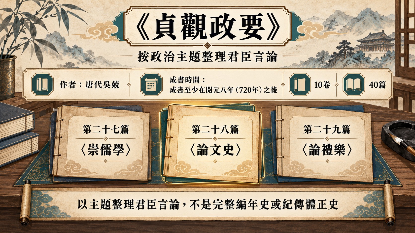 知識卡：《貞觀政要》按政治主題整理君臣言論，唐代吳兢編，10卷40篇，成書至少在開元八年之後，例舉第二十七篇〈崇儒學〉、第二十八篇〈論文史〉、第二十九篇〈論禮樂〉