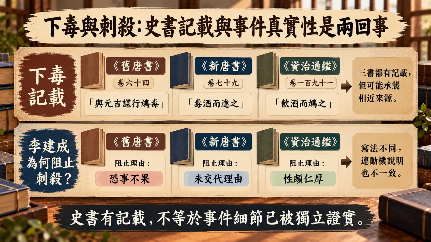 比較卡：下毒與刺殺的史書記載，比較三書卷次與引文，並比較李建成阻止刺殺的理由（《舊唐書》恐事不果、《新唐書》未交代理由、《資治通鑑》性頗仁厚），結論是史書有記載不等於事件細節已被獨立證實