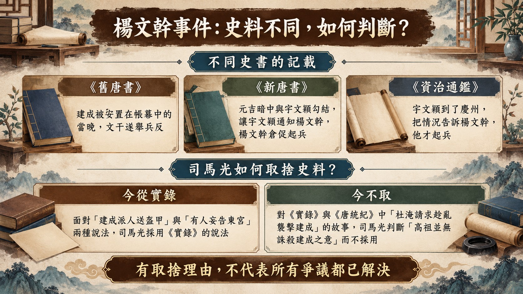 判斷卡：楊文幹事件三書對起兵導火線的不同記載，以及《資治通鑑考異》「今從實錄」與「今不取」兩種史料取捨，結論是有取捨理由不代表所有爭議都已解決