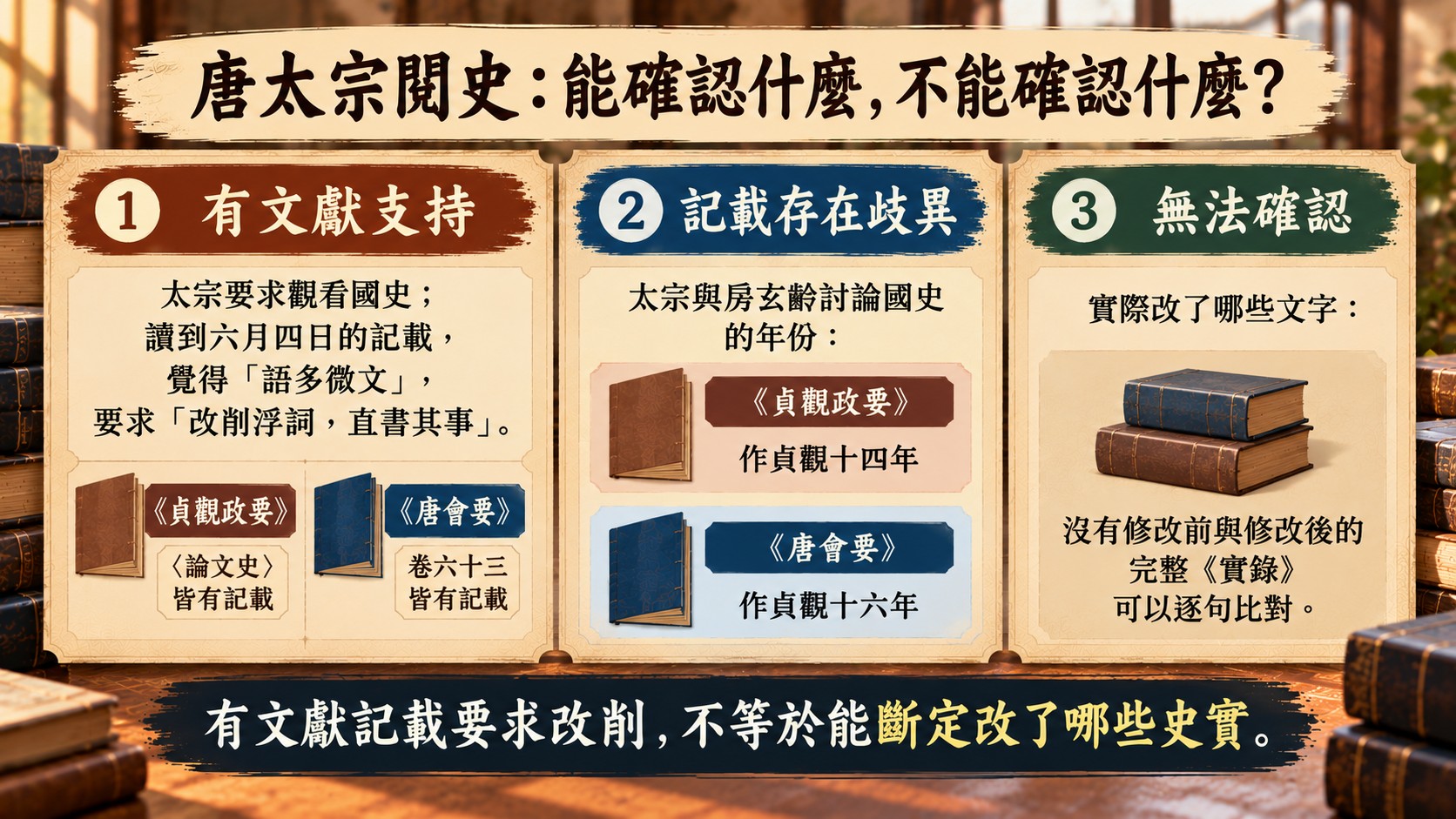 判斷卡：唐太宗閱史的三個證據層級，有文獻支持、記載存在歧異（貞觀十四年與十六年兩說）、無法確認實際改了哪些文字