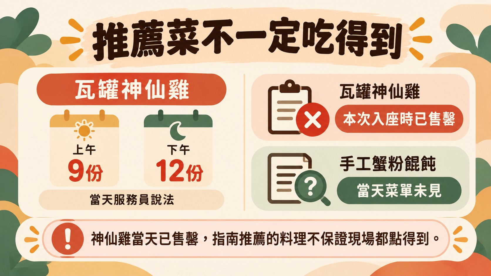 判斷卡：瓦罐神仙雞上午9份下午12份為當天服務員說法，本次入座時已售罄，手工蟹粉餛飩當天菜單未見