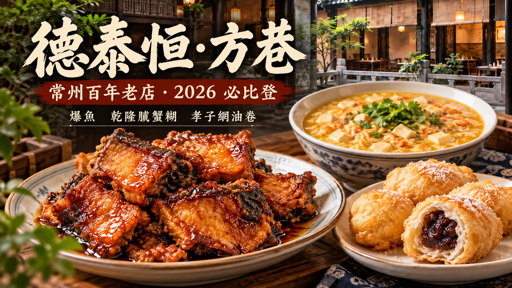 德泰恒·方巷特色圖：主標「德泰恒·方巷」、副標「常州百年老店・2026 必比登」，以爆魚為最大主角，搭配孝子網油卷與乾隆膩蟹糊，背景為二樓江南院落式用餐空間