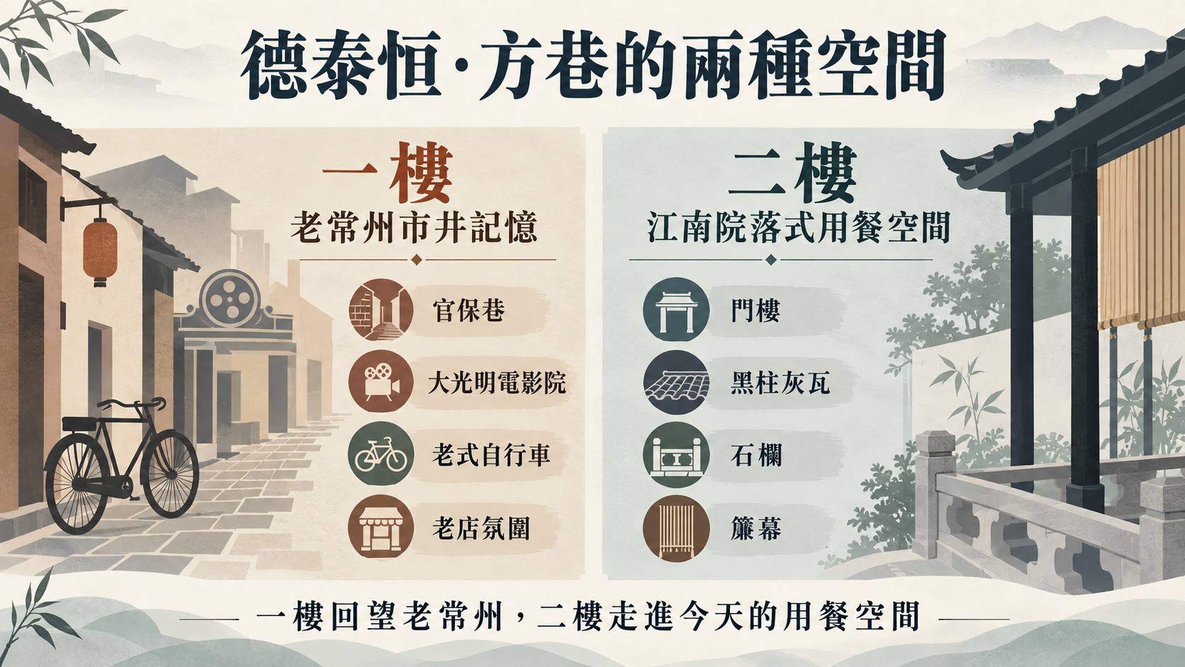 空間整理卡：一樓是官保巷、大光明電影院、老式自行車與老店氛圍的老常州市井記憶，二樓是門樓、黑柱灰瓦、石欄與簾幕的江南院落式用餐空間