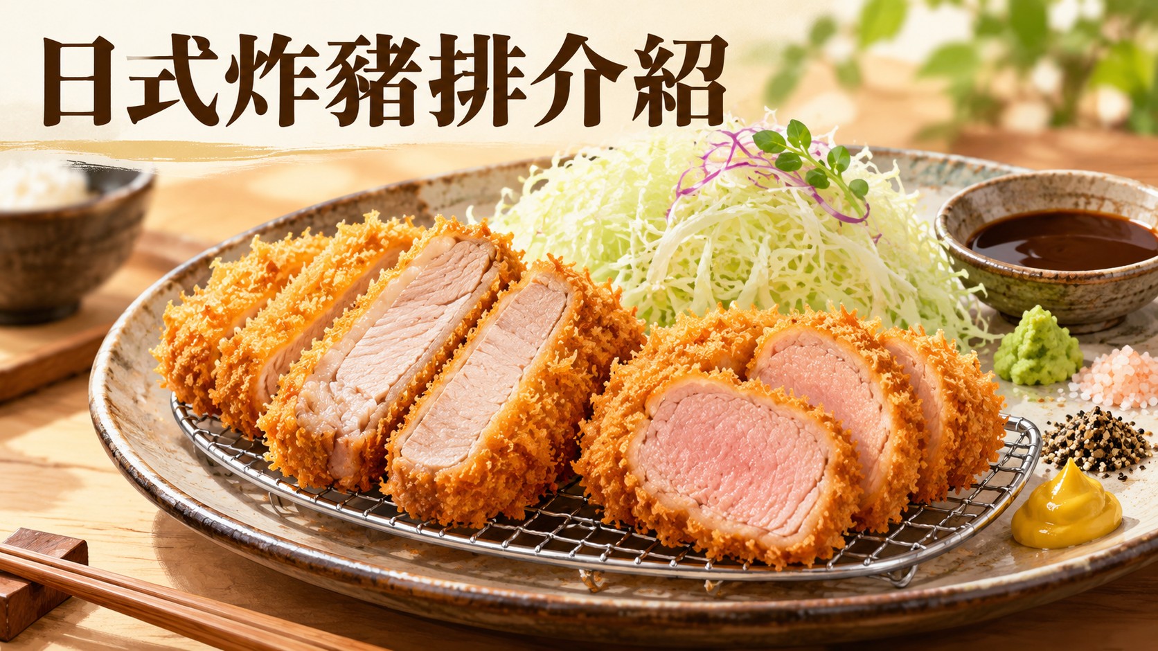 日式炸豬排介紹特色圖：切片的日式炸豬排盛在鐵網上，薄脆炸衣包覆里肌與菲力，旁邊搭配高麗菜絲、山葵、粉紅岩鹽、黑胡椒、黃芥末與豬排醬