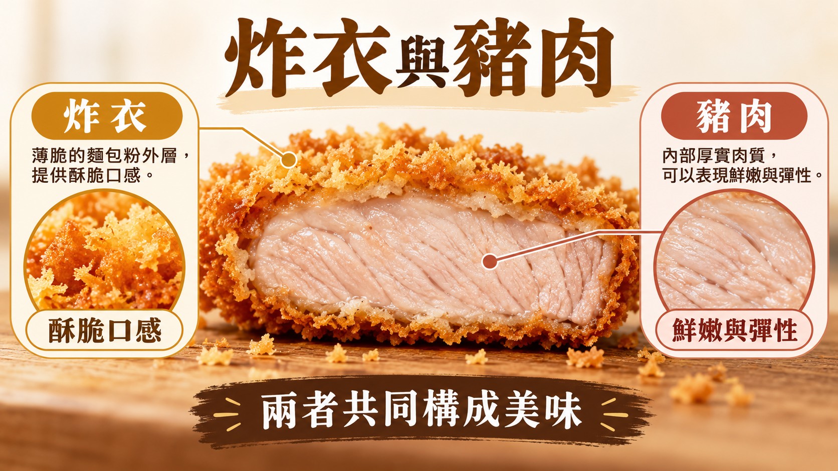 主題比較卡：炸衣提供酥脆口感，豬肉呈現鮮嫩與彈性，兩者共同構成日式炸豬排的美味