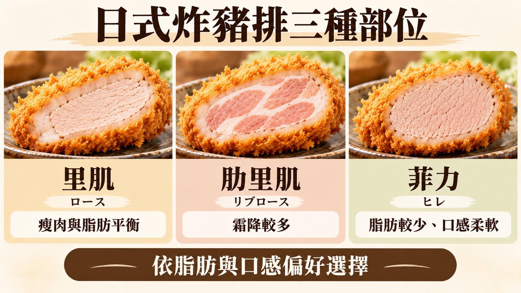 部位比較卡：里肌（ロース）瘦肉與脂肪平衡，肋里肌（リブロース）霜降較多，菲力（ヒレ）脂肪較少、口感柔軟