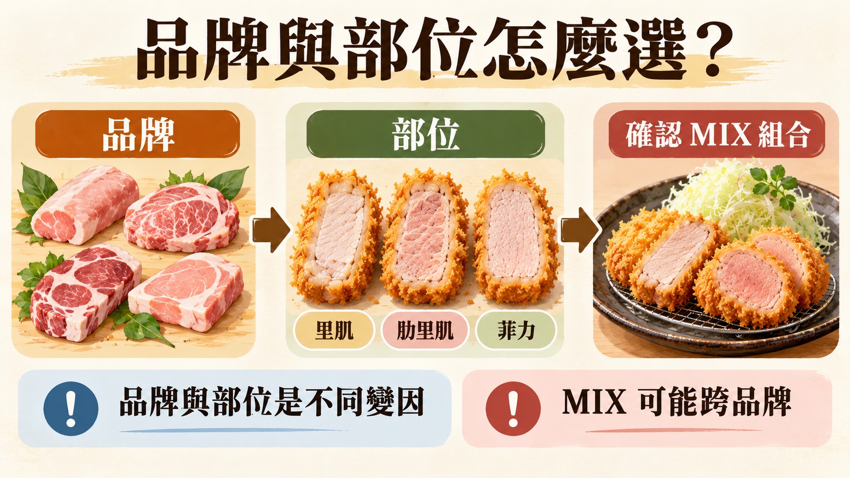 選擇判斷卡：先看品牌，再看部位，最後確認 MIX 組合；品牌與部位是不同變因，MIX 可能跨品牌