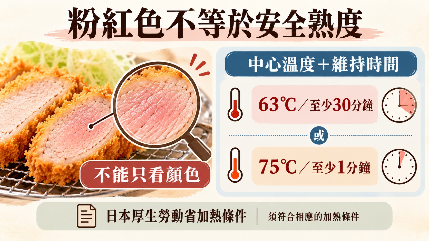 判斷卡：粉紅色不等於安全熟度，不能只看顏色；日本厚生勞動省的加熱條件為中心溫度 63°C 至少 30 分鐘，或 75°C 至少 1 分鐘