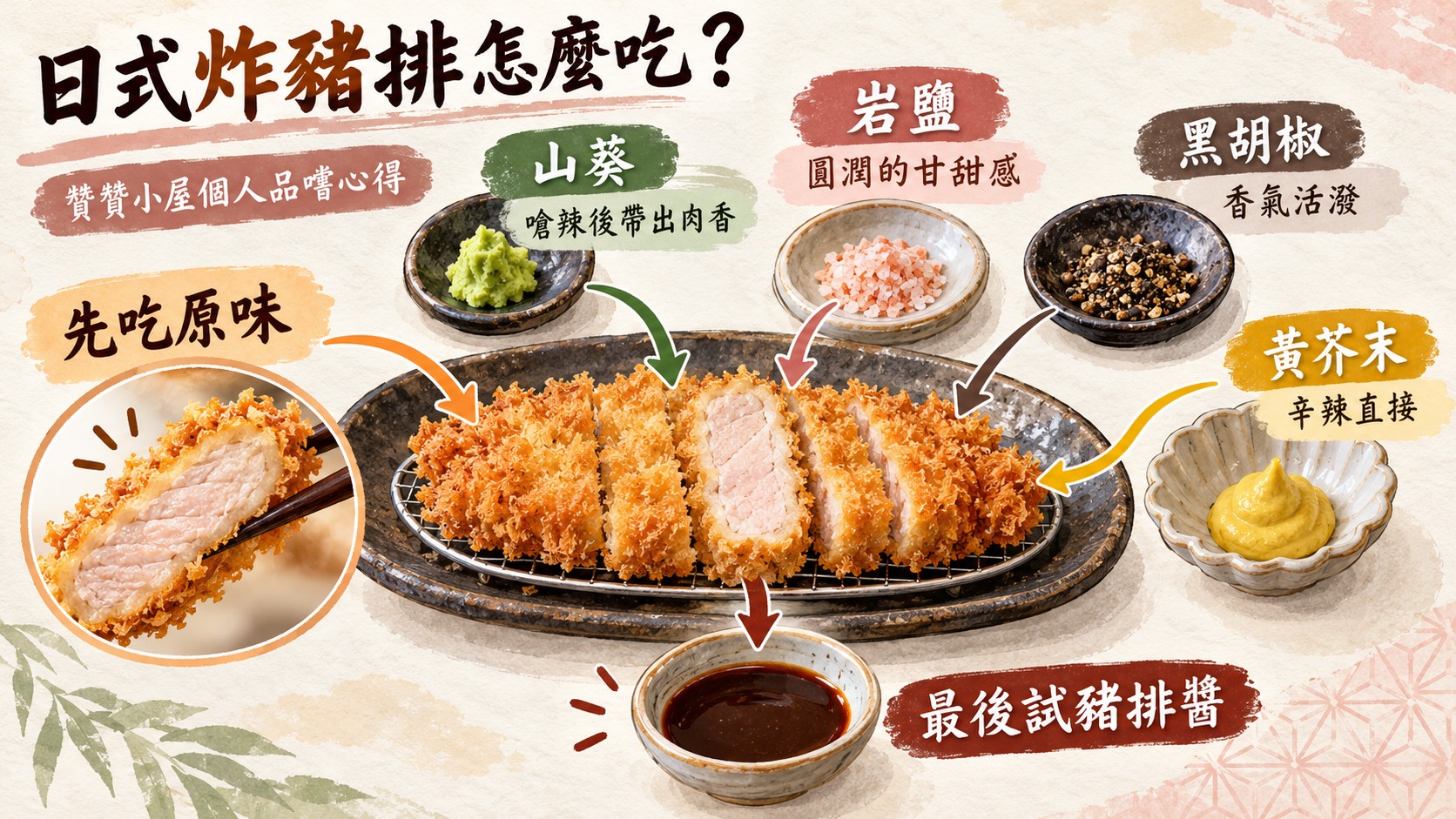 口味整理卡：先吃原味，再依序嘗試山葵、岩鹽、黑胡椒與黃芥末，最後試豬排醬，為贊贊小屋個人品嚐心得