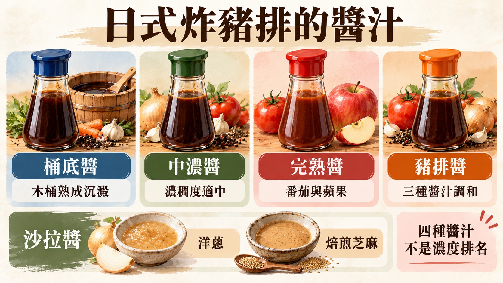 分類比較卡：桶底醬木桶熟成沉澱、中濃醬濃稠度適中、完熟醬番茄與蘋果、豬排醬三種醬汁調和，另有洋蔥與焙煎芝麻沙拉醬，四種醬汁不是濃度排名