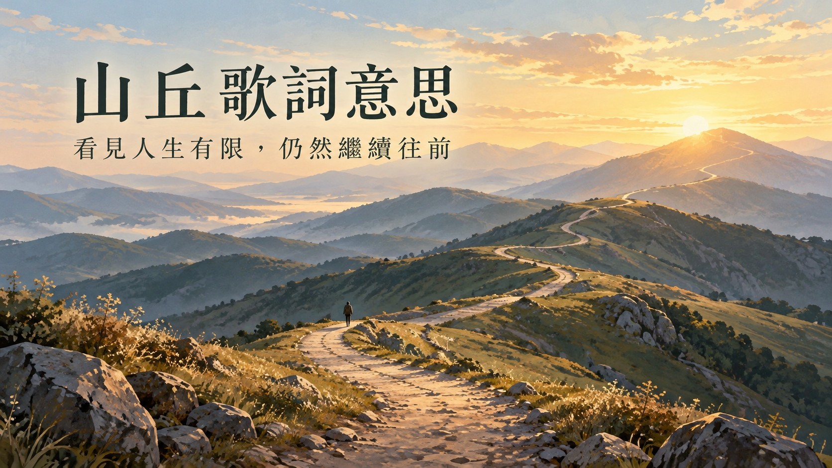 山丘歌詞意思特色圖：晨光中蜿蜒穿過層層山丘的長路，遠方仍有下一座山，近景有一個小小的背影，標題為「山丘歌詞意思」與「看見人生有限，仍然繼續往前」