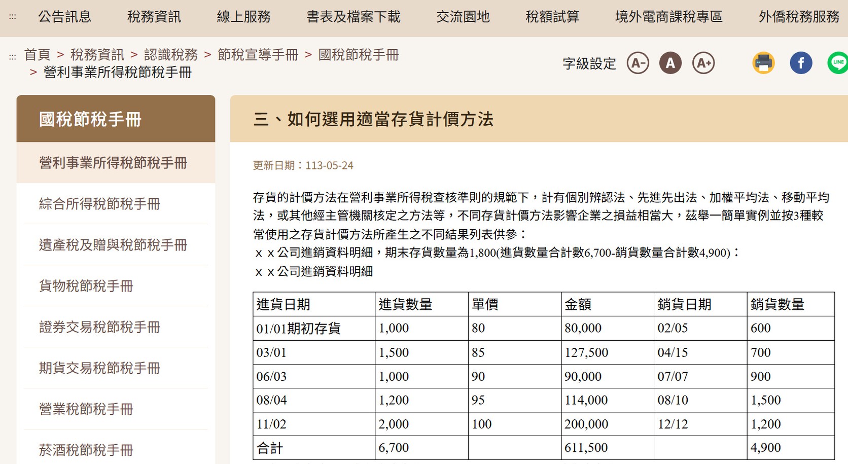 財政部稅務入口網〈三、如何選用適當存貨計價方法〉頁面截圖，列出ｘｘ公司的進貨、銷貨資料與三種存貨計價方法的計算結果