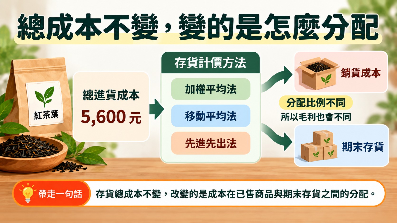 核心觀念總結卡:總進貨成本 5,600 元經存貨計價方法,分配為銷貨成本與期末存貨,總成本不變,變的是分配