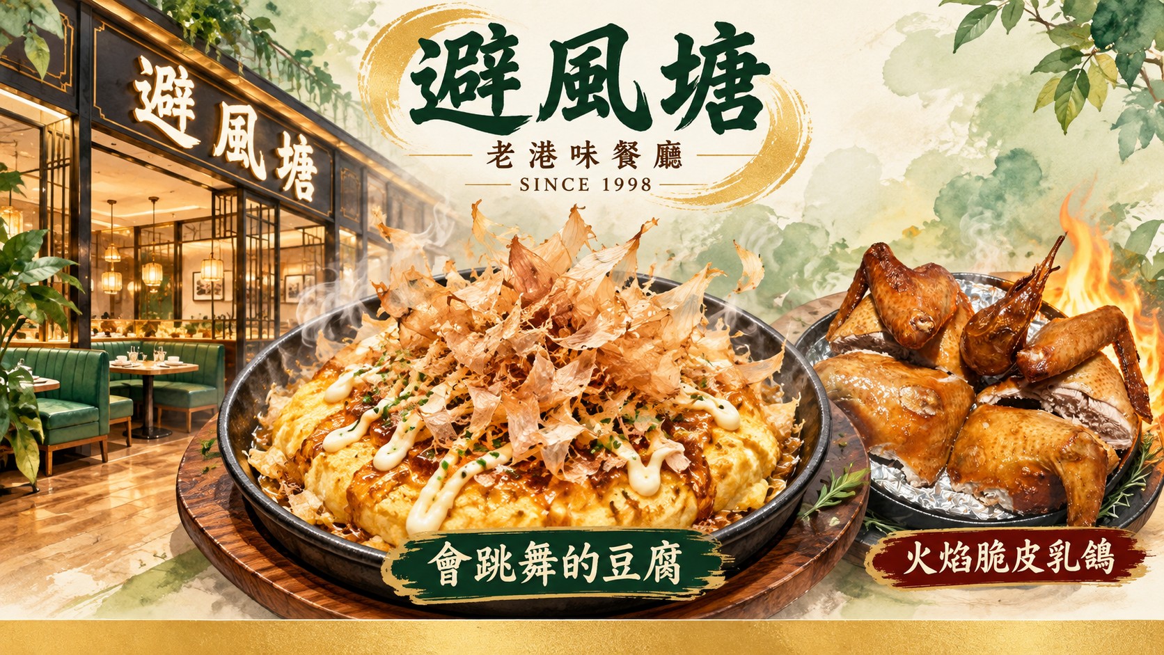 港式餐廳推薦特色圖：避風塘老港味餐廳「SINCE 1998」，中央是柴魚片飄動的會跳舞的豆腐，右側是剪切後的火焰脆皮乳鴿，左側是餐廳門面與綠色沙發