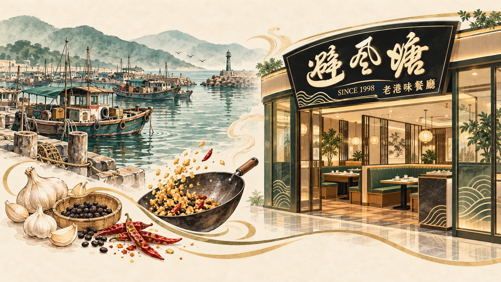 知識卡：左側是香港避風港的漁船與碼頭，搭配蒜、豆豉、辣椒與炒鍋，右側是 1998 年在上海創立的避風塘老港味餐廳門面，兩者以金色曲線連結，表示飲食文化相關但不是同一段歷史