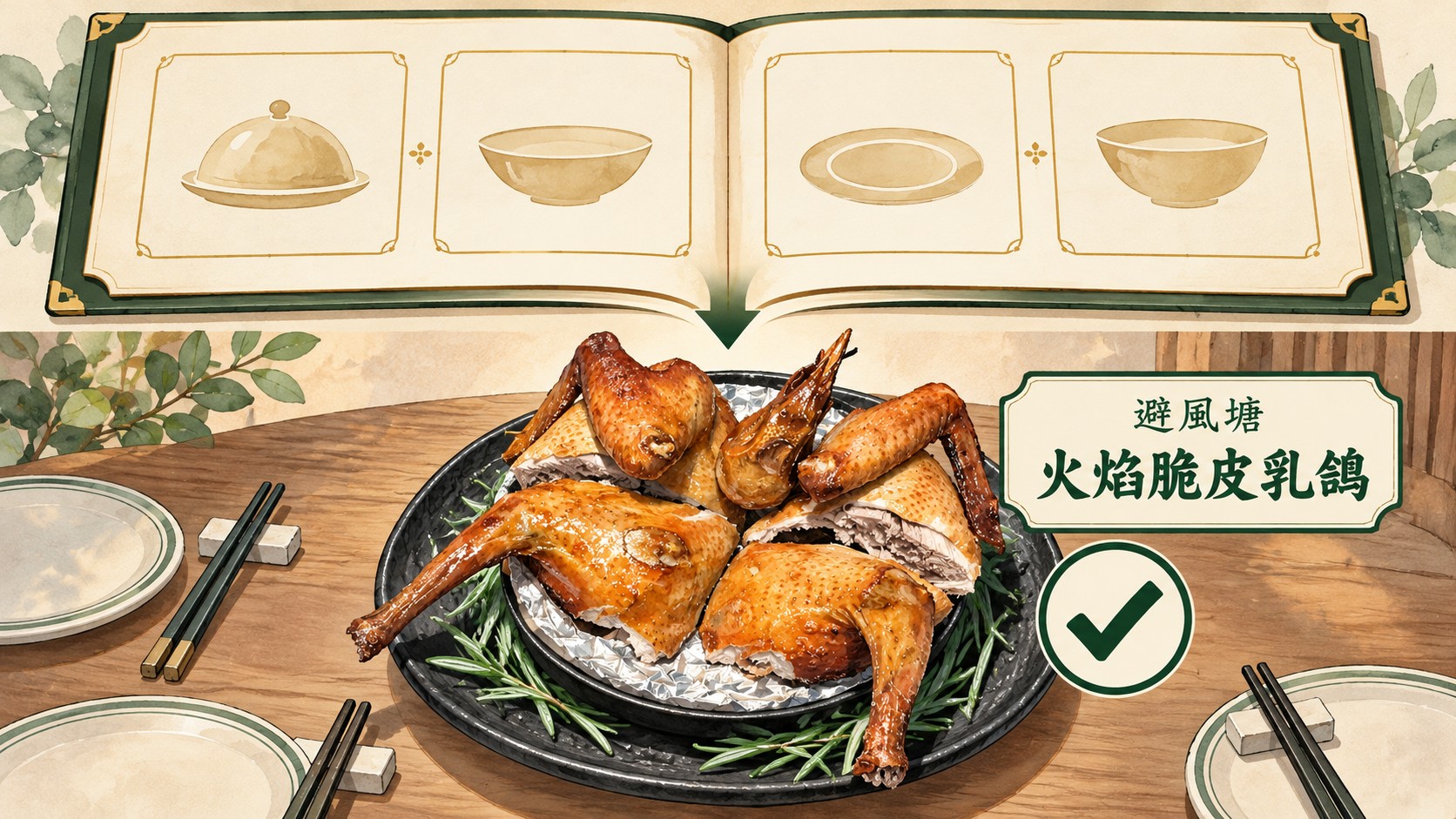 判斷卡：上方以空白菜單方框代表店家列出的四大經典，下方是這次實際點用並品嘗的火焰脆皮乳鴿，表示店家推薦與實際品嘗是兩件事