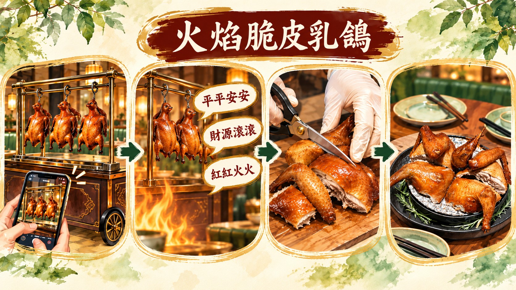 流程卡：火焰脆皮乳鴿的桌邊展演，依序是餐車懸掛乳鴿與手機拍攝、火焰與「平平安安」「財源滾滾」「紅紅火火」三句吉祥話、戴手套剪切乳鴿、切塊盛盤上桌（示意圖）