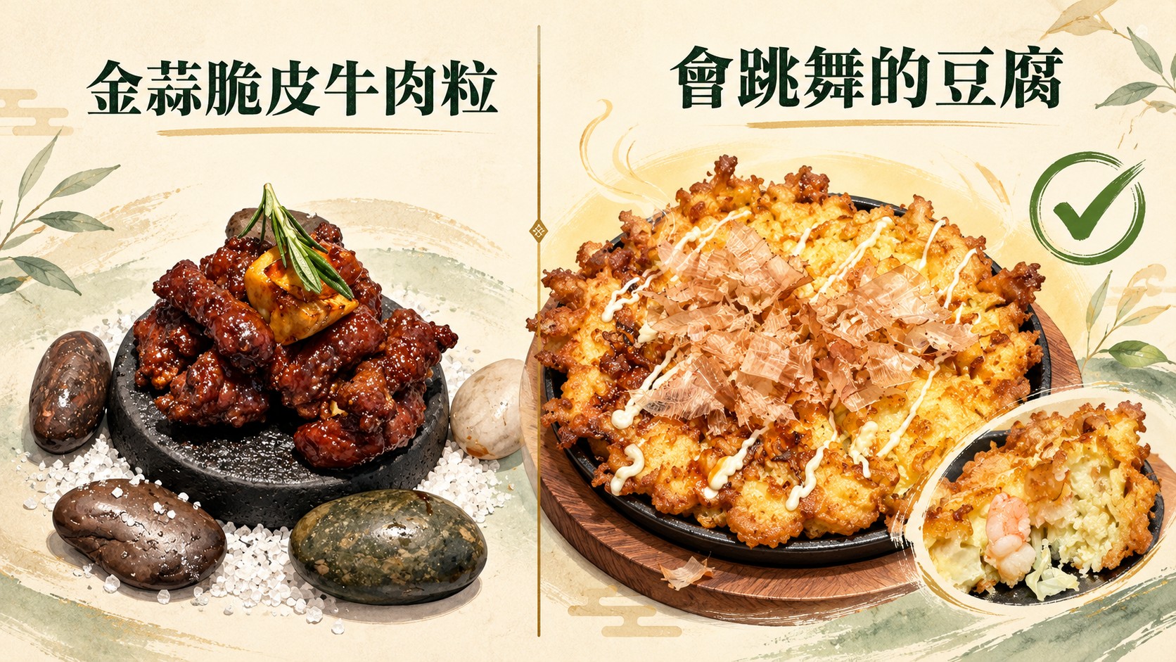 口味比較卡：左側是金蒜脆皮牛肉粒，右側是會跳舞的豆腐並以綠色勾選標示為本次最推薦的料理（示意圖）