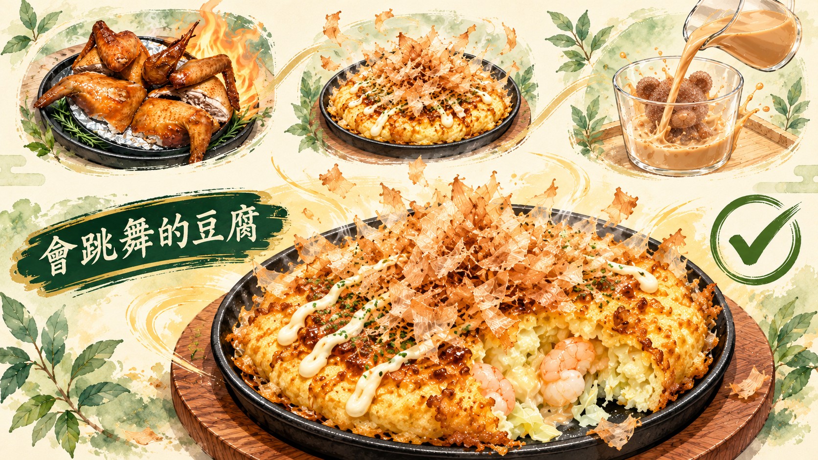 體驗總結卡：乳鴿的桌邊展演、柴魚片飄動與小熊奶茶的倒入都令人印象深刻，但最大的主角是本次最推薦的會跳舞的豆腐（示意圖）