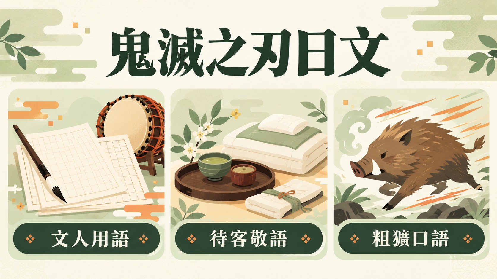 鬼滅之刃日文特色圖：文人用語（稿紙、毛筆與鼓）、待客敬語（茶盤與寢具）、粗獷口語（野豬圖標）三種說話方式並列