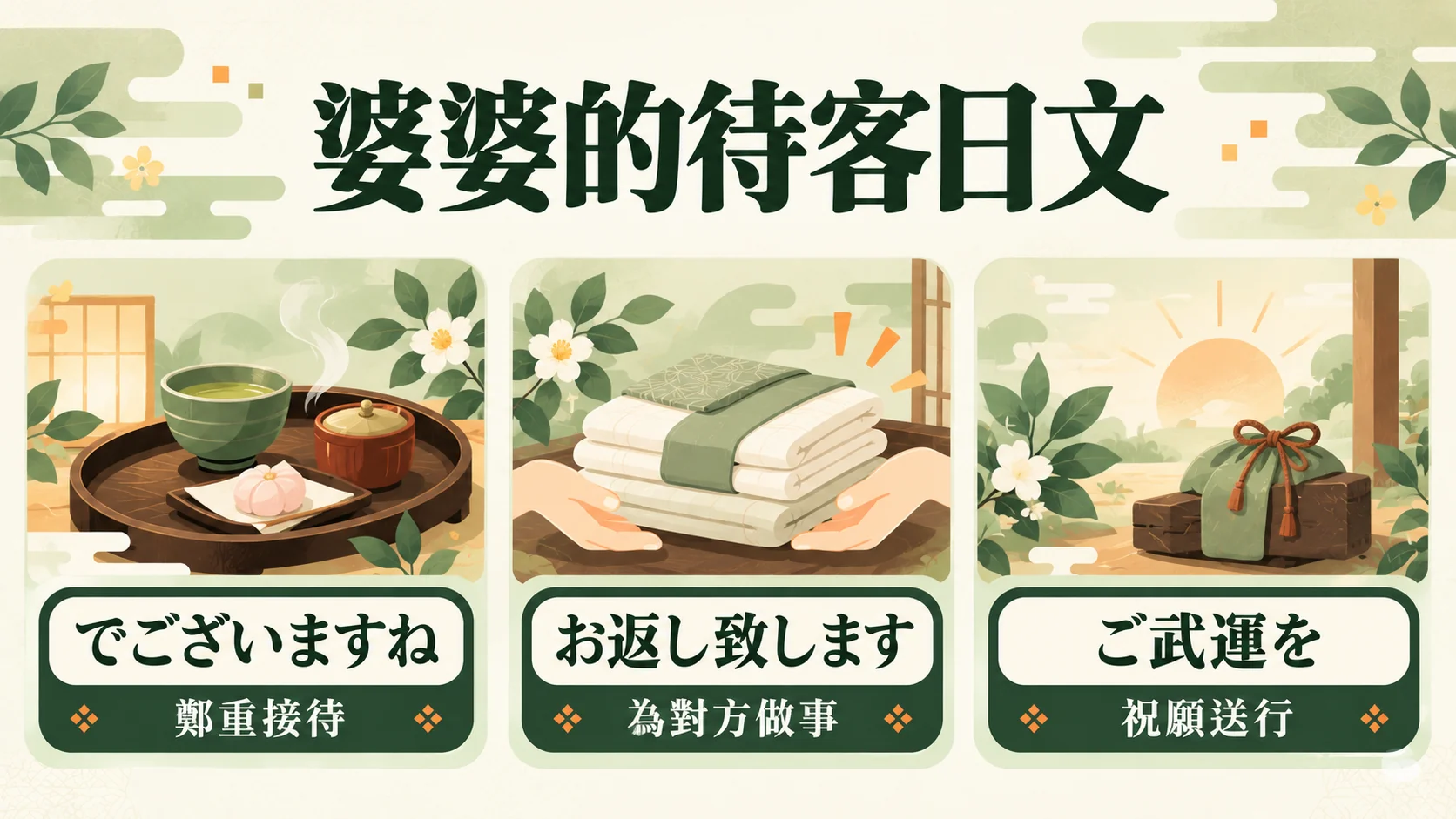婆婆的待客日文功能卡：「でございますね」鄭重接待、「お返し致します」為對方做事、「ご武運を」祝願送行