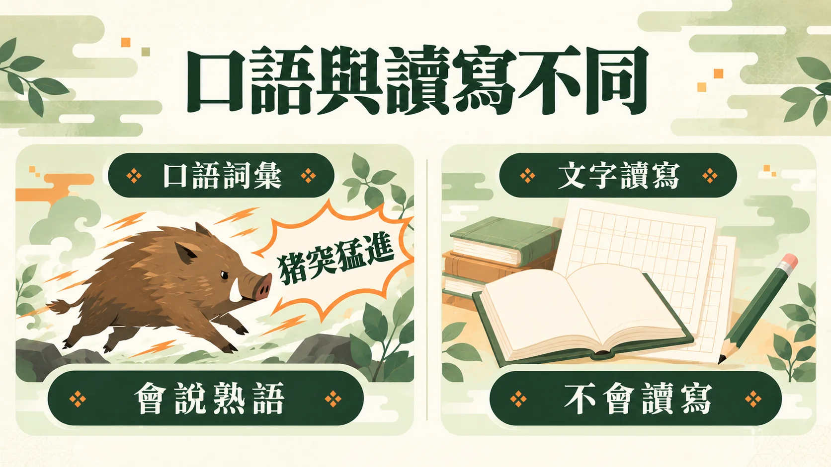 口語與讀寫不同比較卡：伊之助會說熟語「猪突猛進」，但自述不會讀寫，兩種能力不同