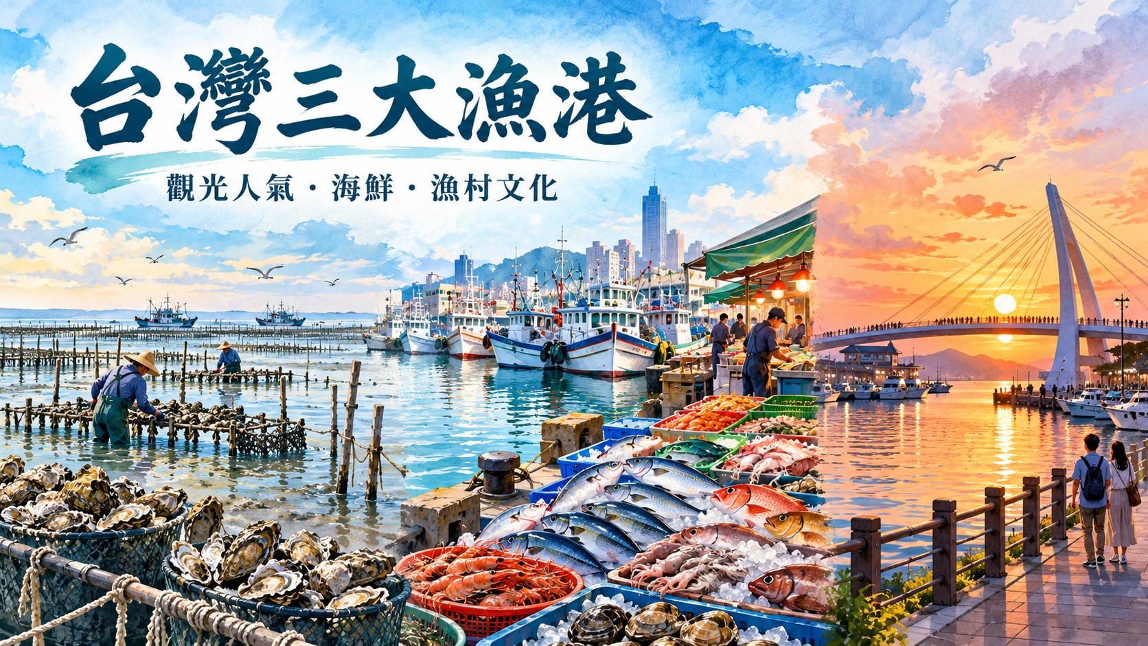 台灣三大漁港特色圖：左側潮間帶蚵架與採蚵，中央漁船與魚市場魚貨，右側斜張橋與夕陽港灣，標題為「台灣三大漁港」，副標為「觀光人氣・海鮮・漁村文化」